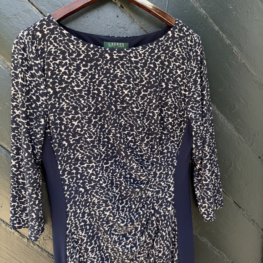 Lauren Ralph Lauren Dress Sheath Animal Print Draped Navy 3/4 Sleeve Sz 10